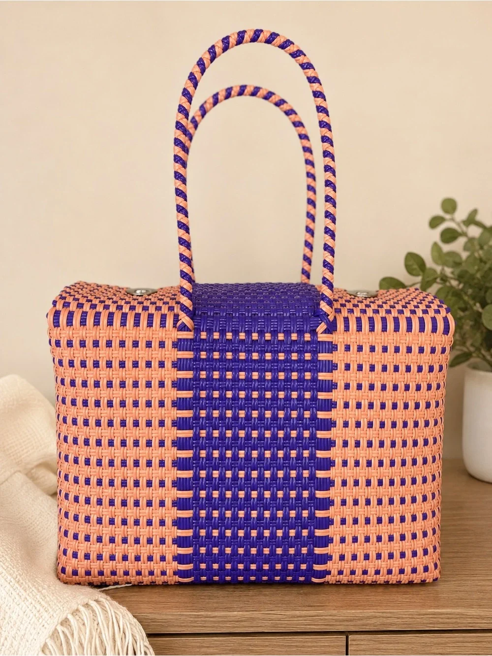 Woven Two-Tone Peach and Purple Tote Bag